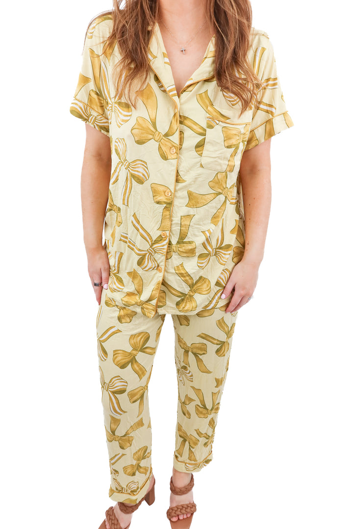 in my sundays gold bow pajama set (m; retail $98)