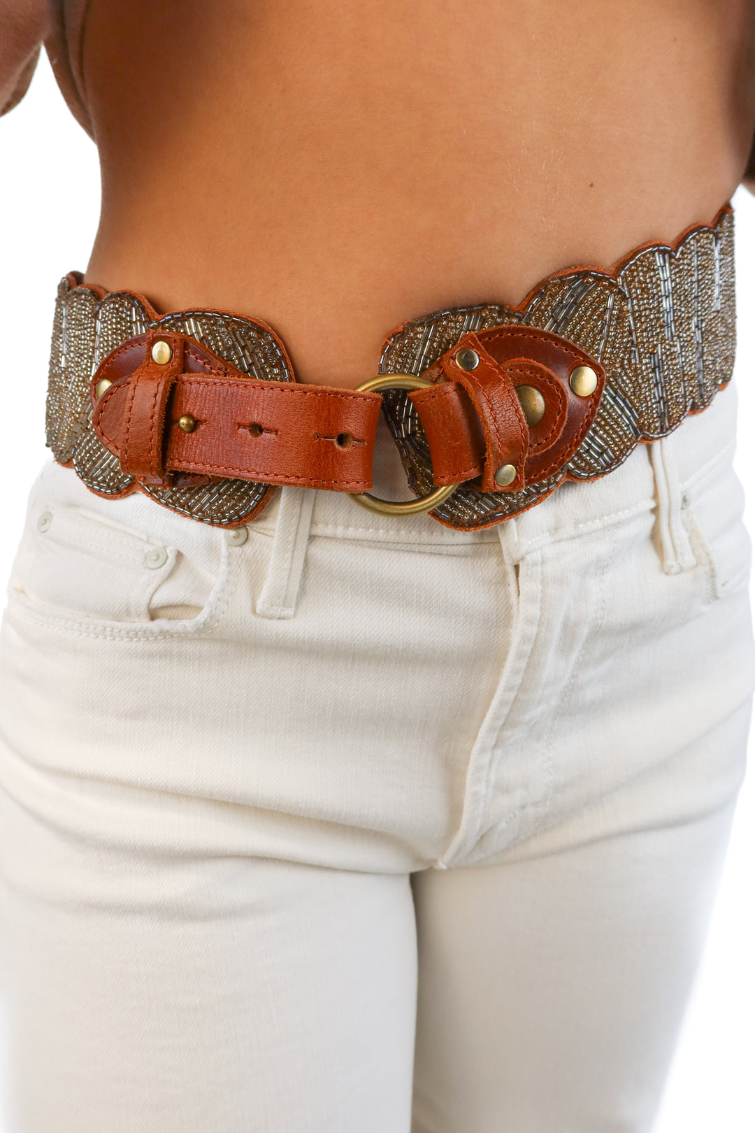 Brown leather beaded belt