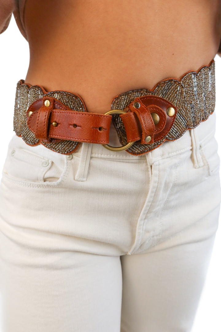 Brown leather beaded belt