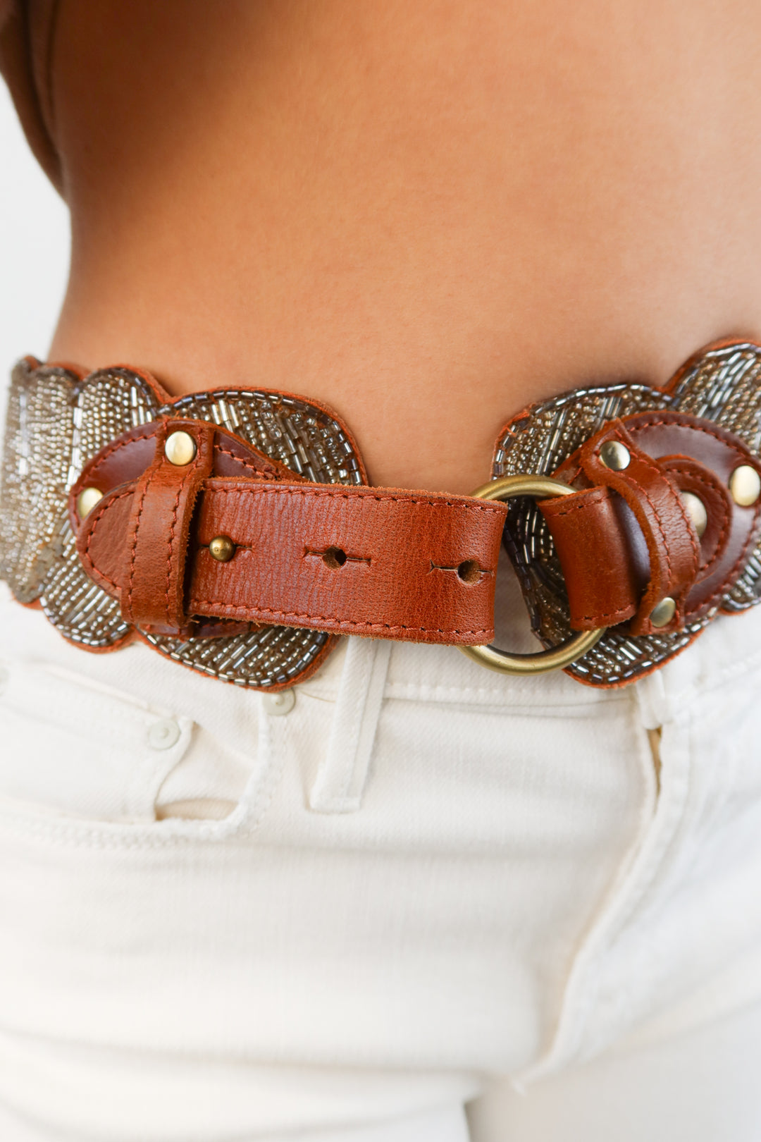 Brown leather beaded belt