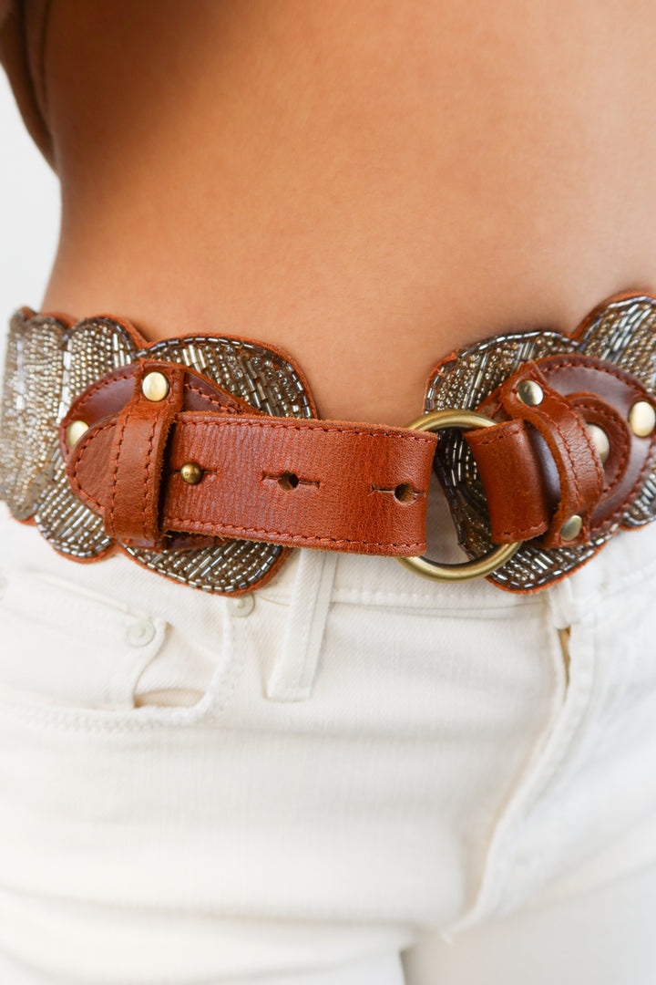 Brown leather beaded belt