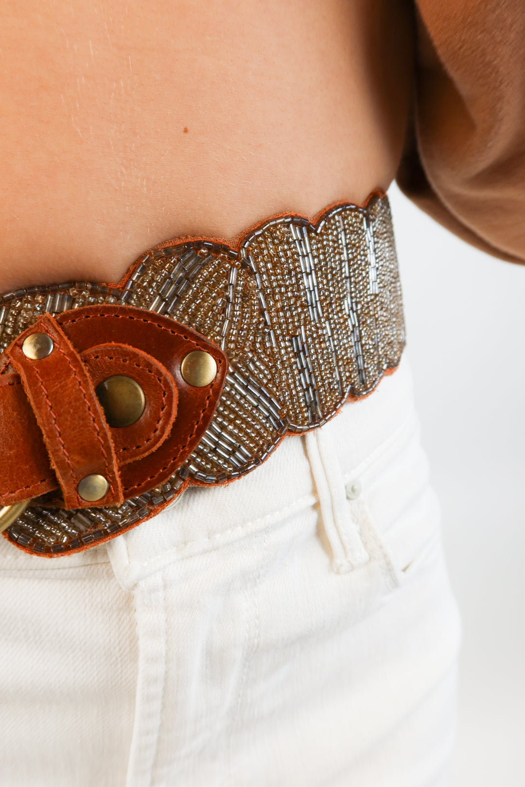 Brown leather beaded belt