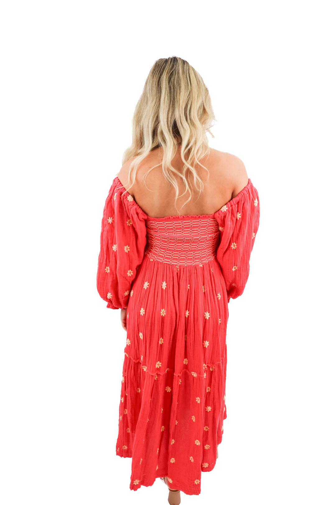free people red floral smocked dress (s; retail $168)