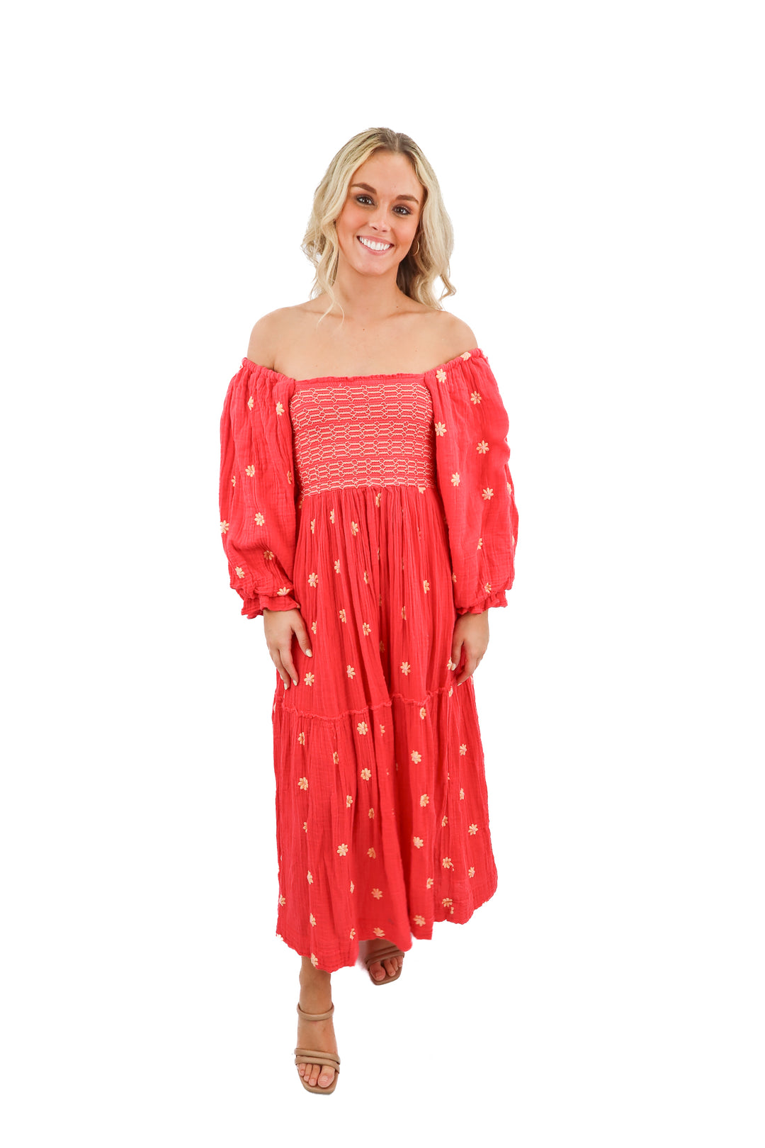 free people red floral smocked dress (s; retail $168)