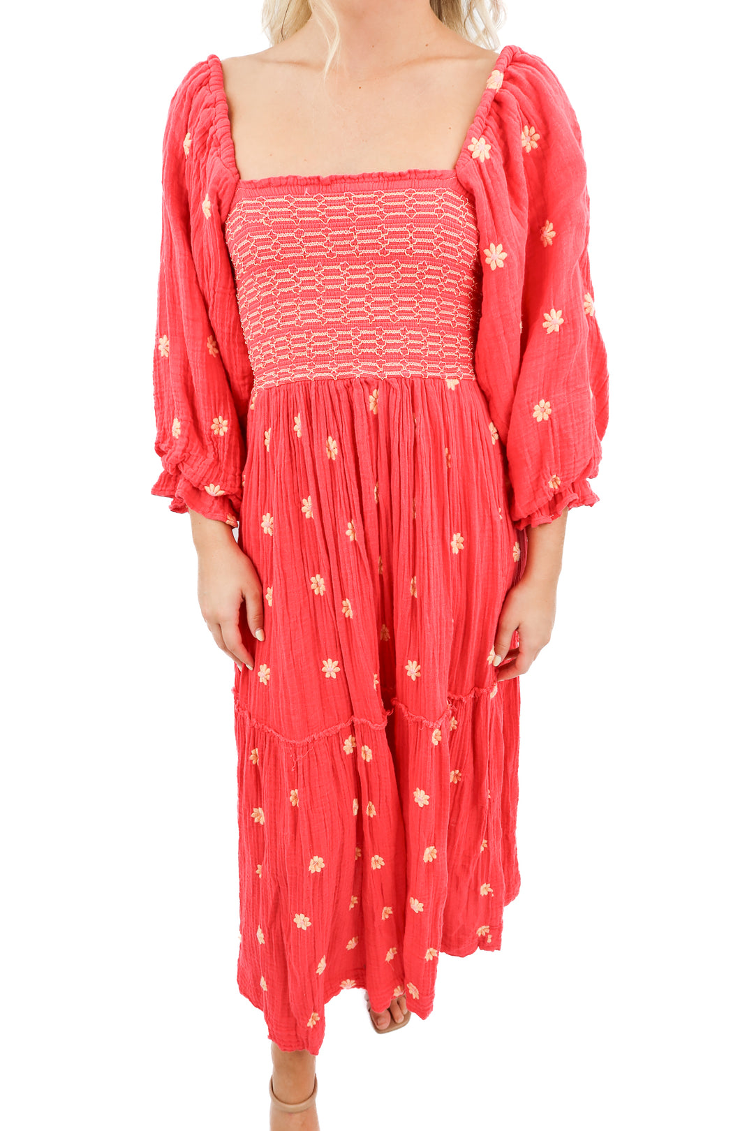 free people red floral smocked dress (s; retail $168)