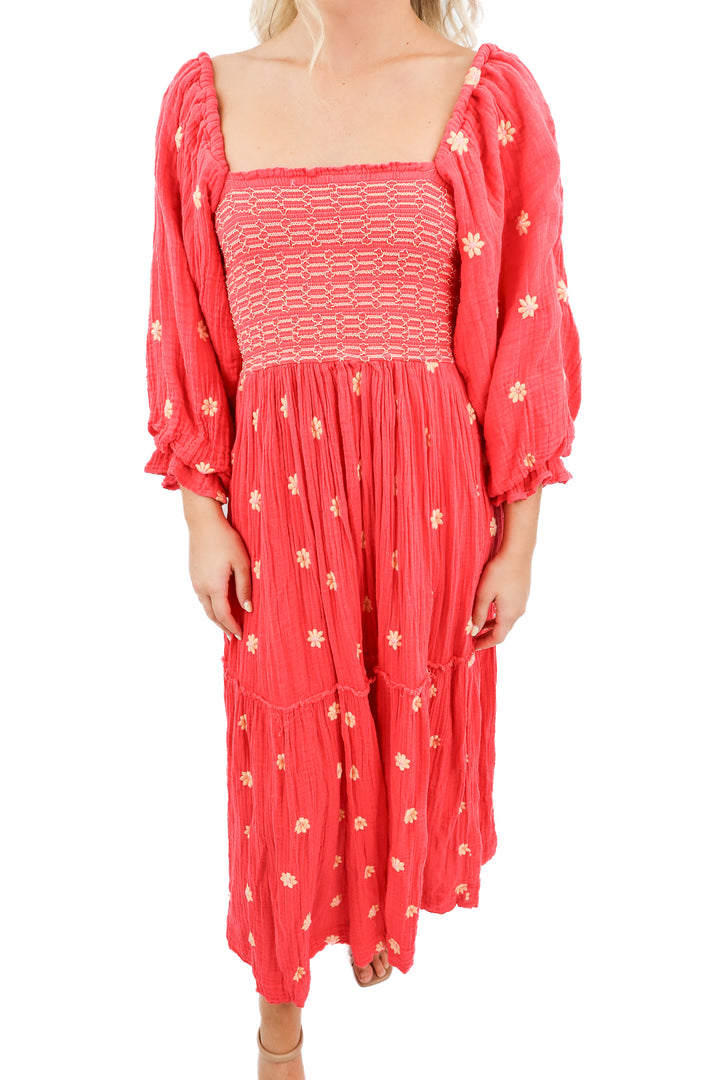 free people red floral smocked dress (s; retail $168)