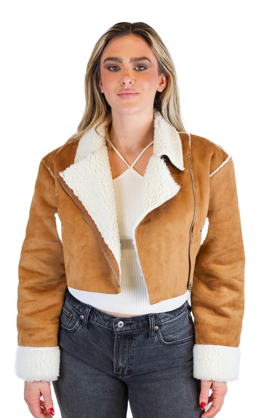 Storets brown/white suede fur jacket (S/M; retail $128)