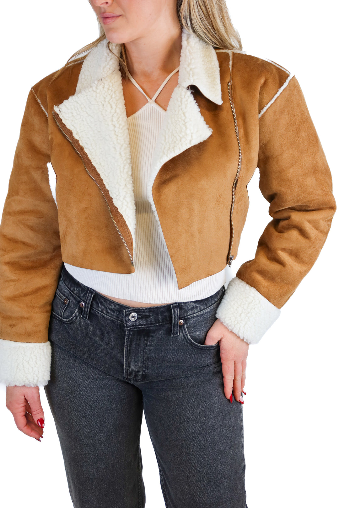 Storets brown/white suede fur jacket (S/M; retail $128)