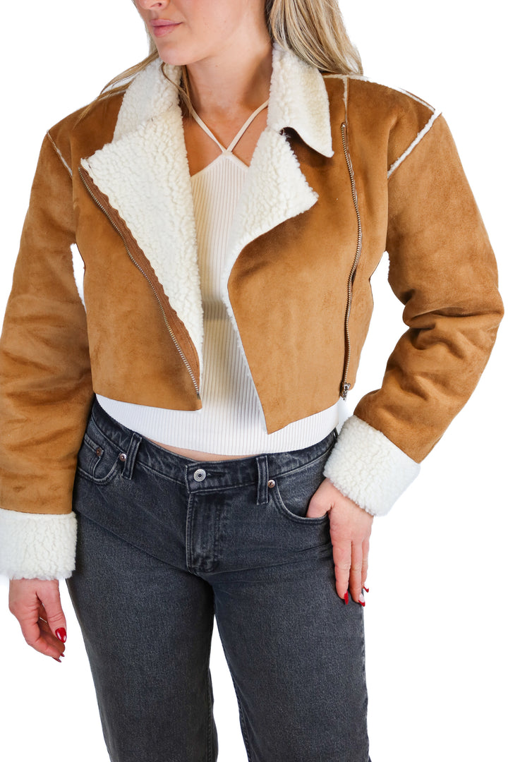 Storets brown/white suede fur jacket (S/M; retail $128)