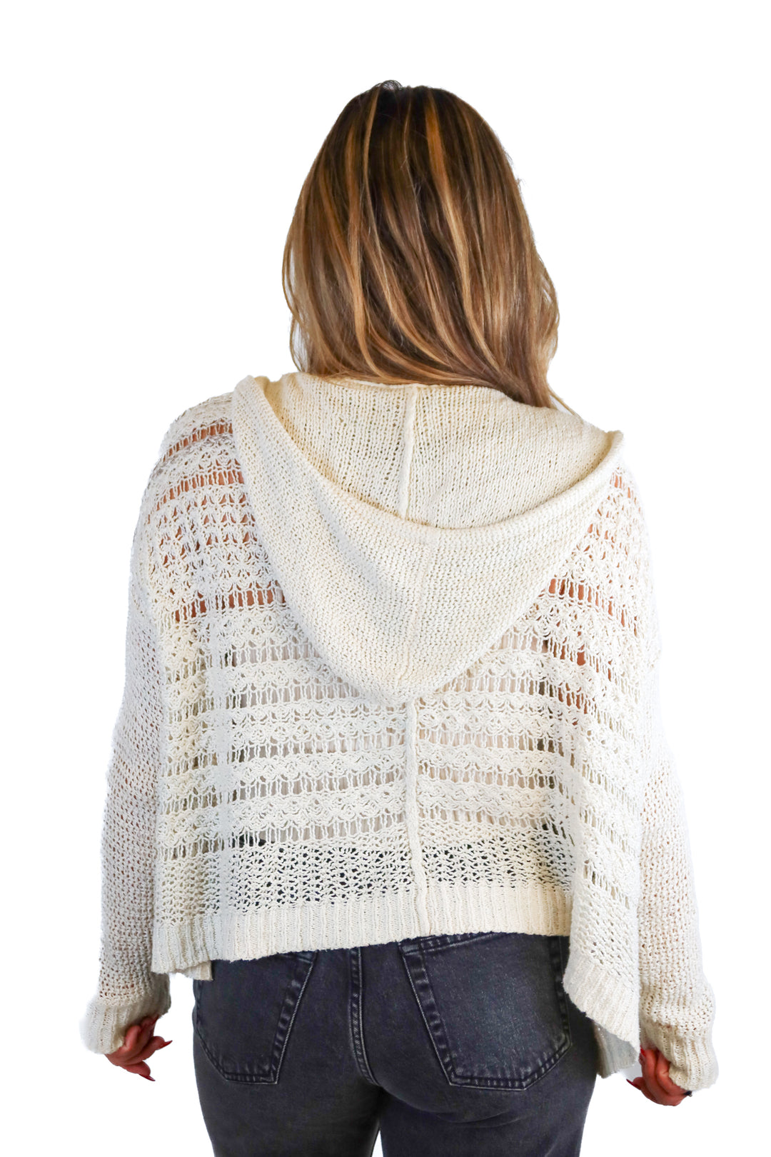Free People cream knit zip up jacket w/ hood (S)