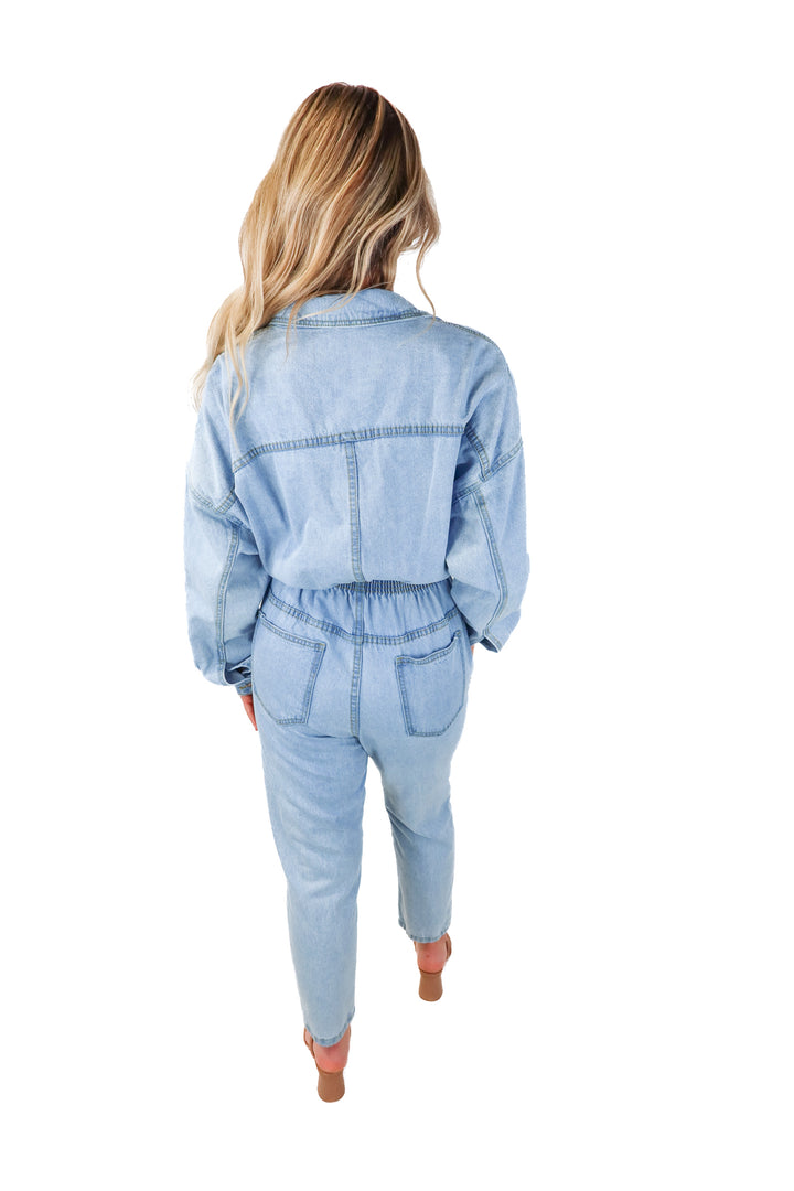 Mable light wash long sleeve denim jumpsuit (S; retail $100)