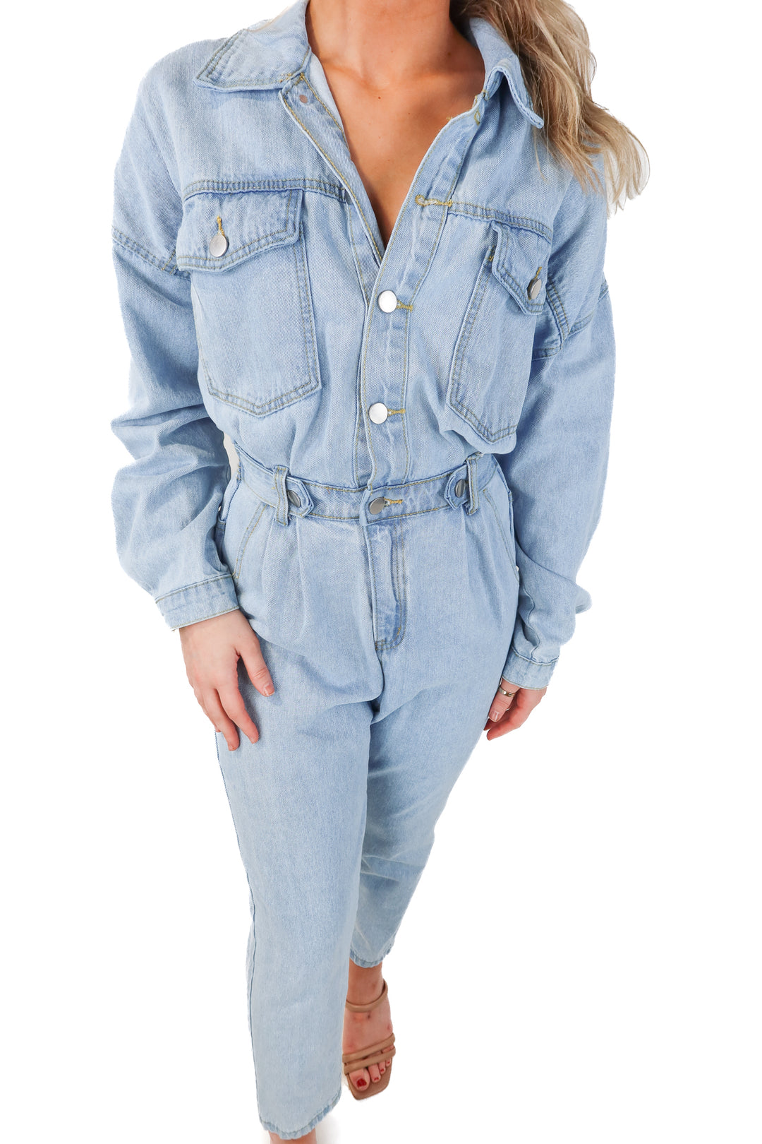 Mable light wash long sleeve denim jumpsuit (S; retail $100)