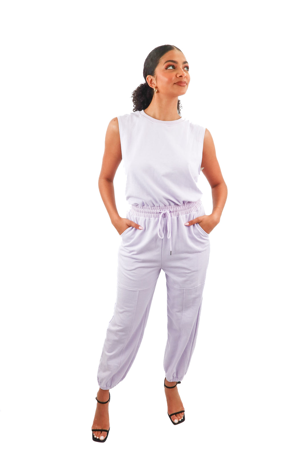 purple sleeveless lounge jumpsuit (m)