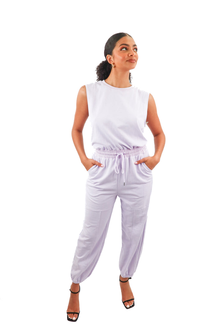 purple sleeveless lounge jumpsuit (m)