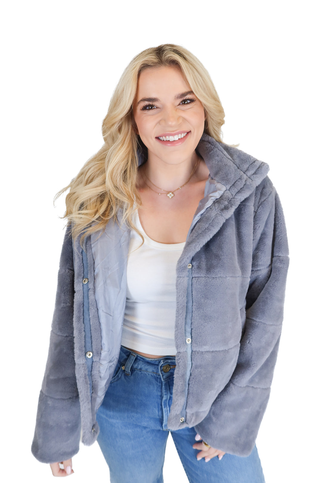 pink lily grey fuzzy bomber jacket (s)
