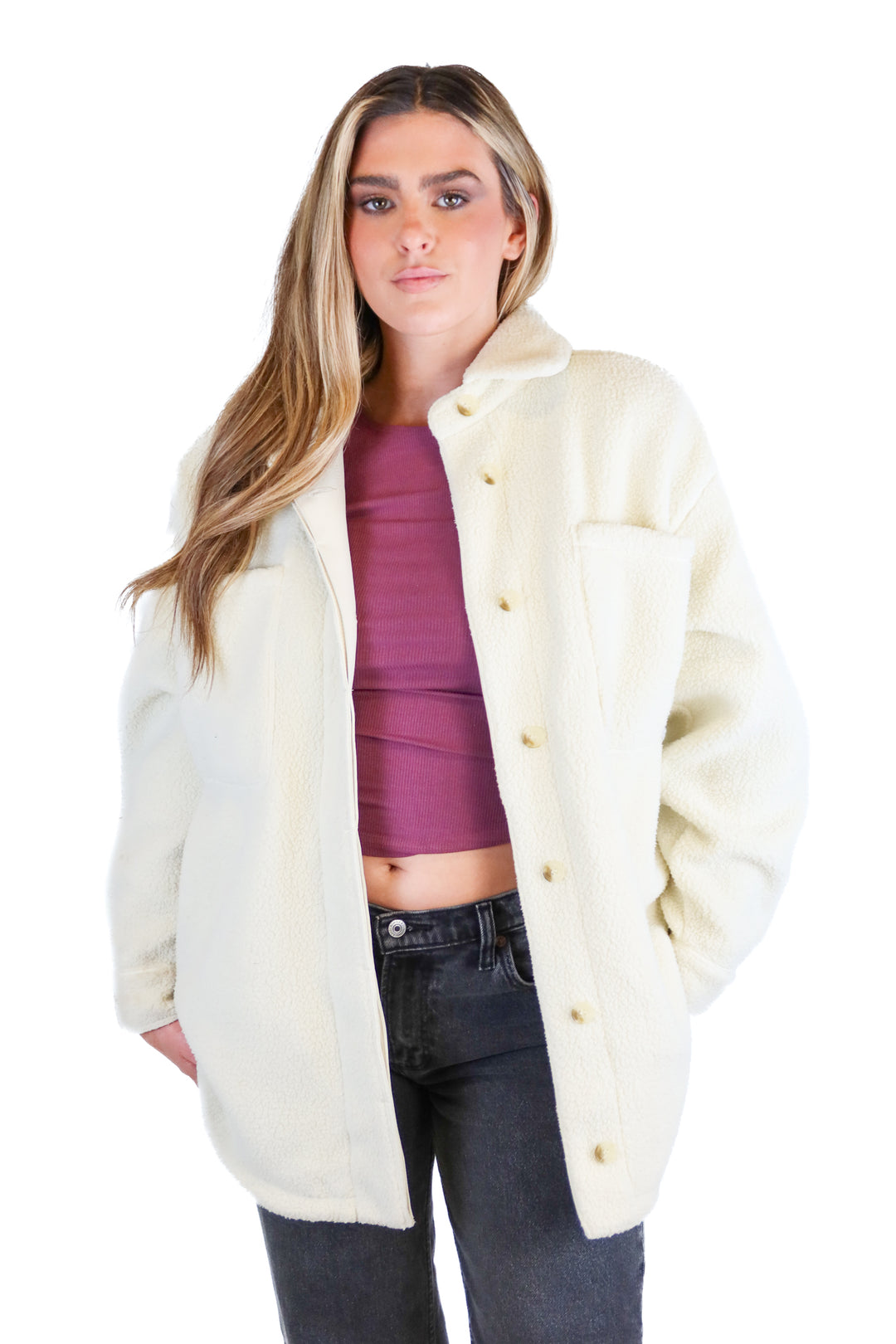 Cuts ivory shacket (M/L; retail $168)
