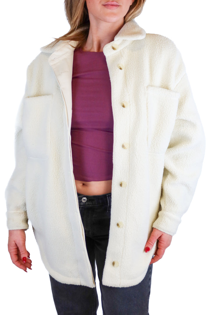 Cuts ivory shacket (M/L; retail $168)