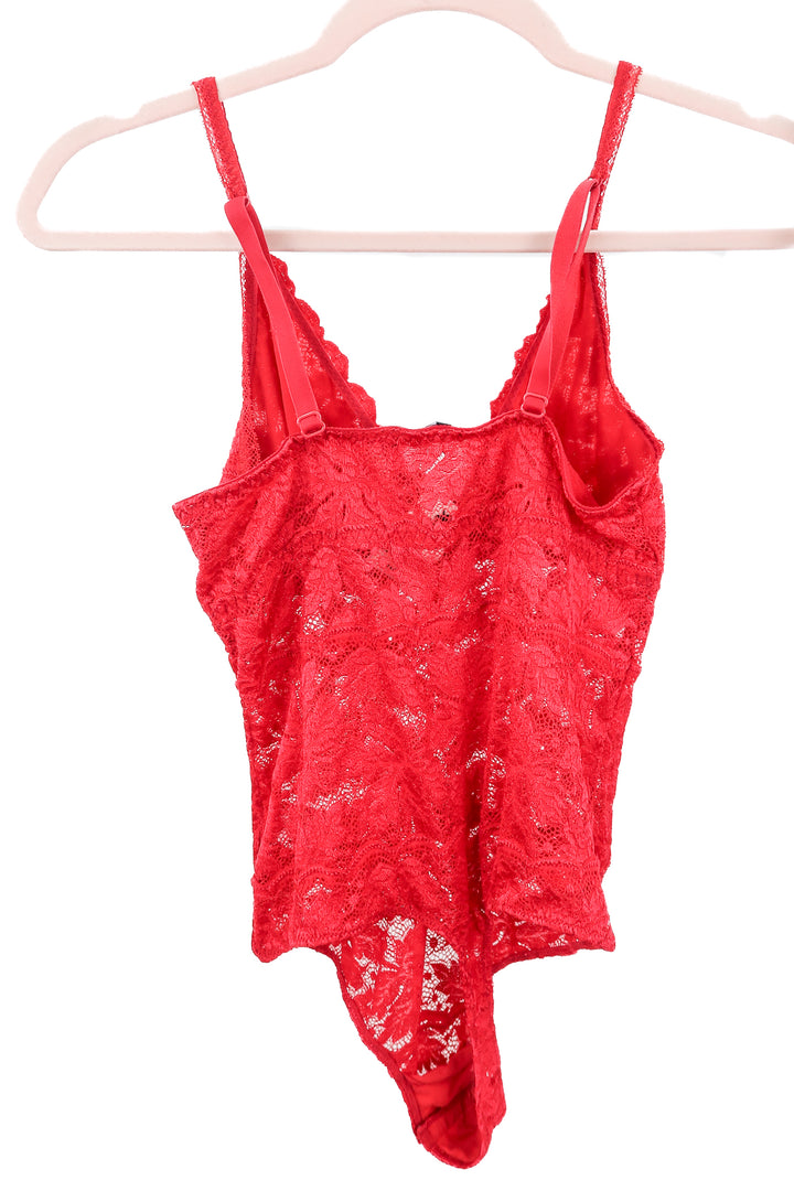 cosabella red lace bodysuit (M; retail $148)