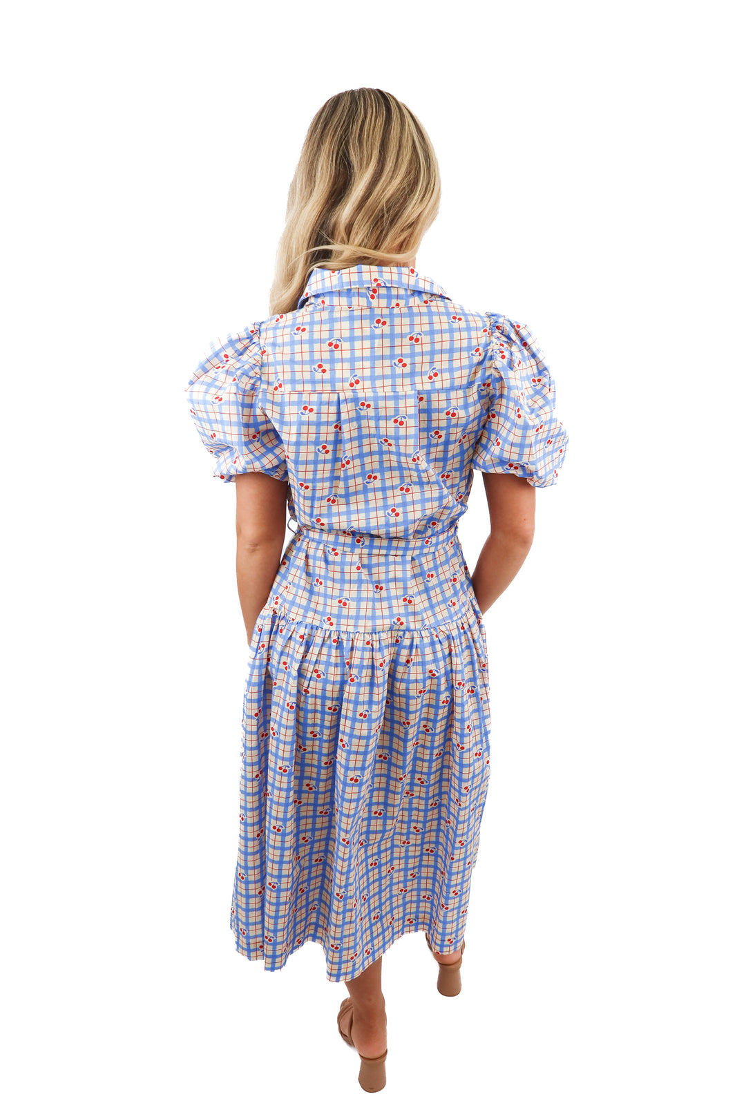 pinch blue cream checkered cherry print midi dress NWT (S; retail $108)