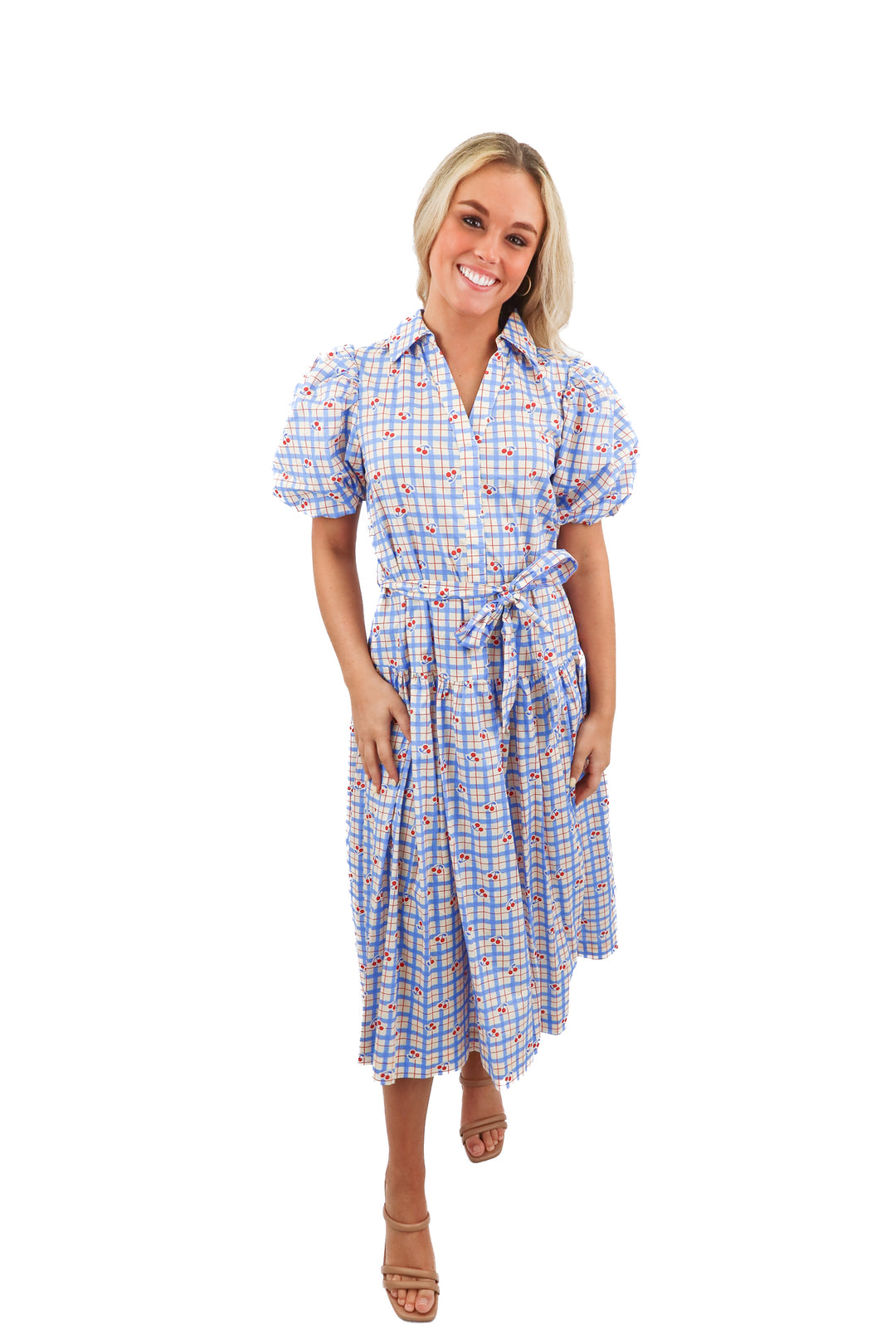 pinch blue cream checkered cherry print midi dress NWT (S; retail $108)