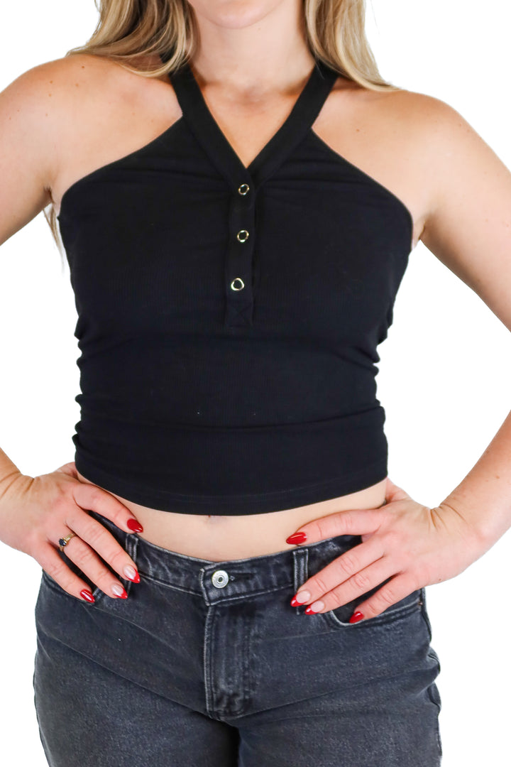 Kittenish Black Ribbed Henley Cropped Tank NWT (S; Retail $34)