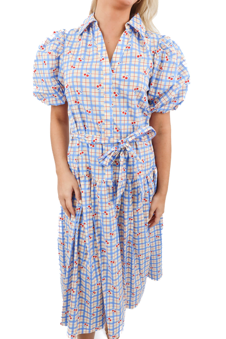 pinch blue cream checkered cherry print midi dress NWT (S; retail $108)