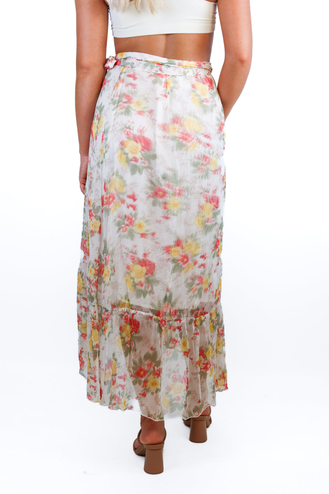 School Rags Floral Wrap Ruffle Midi Skirt  (S)