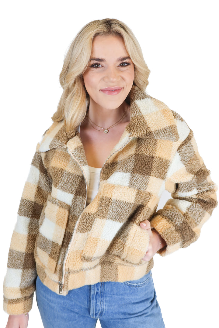 princess polly neutral checkered bomber jacket (s)