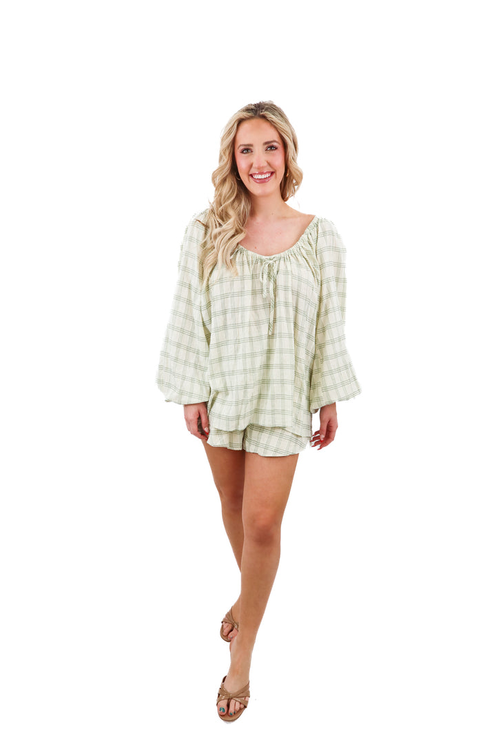Sabo green gingham shorts set (S; retail $150)