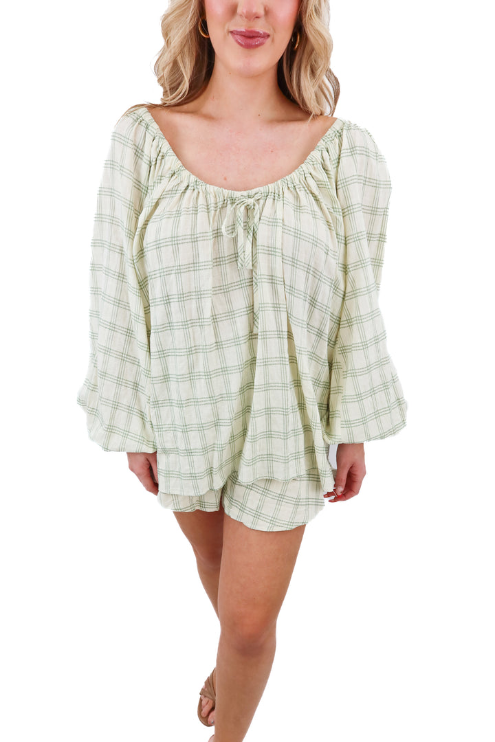 Sabo green gingham shorts set (S; retail $150)