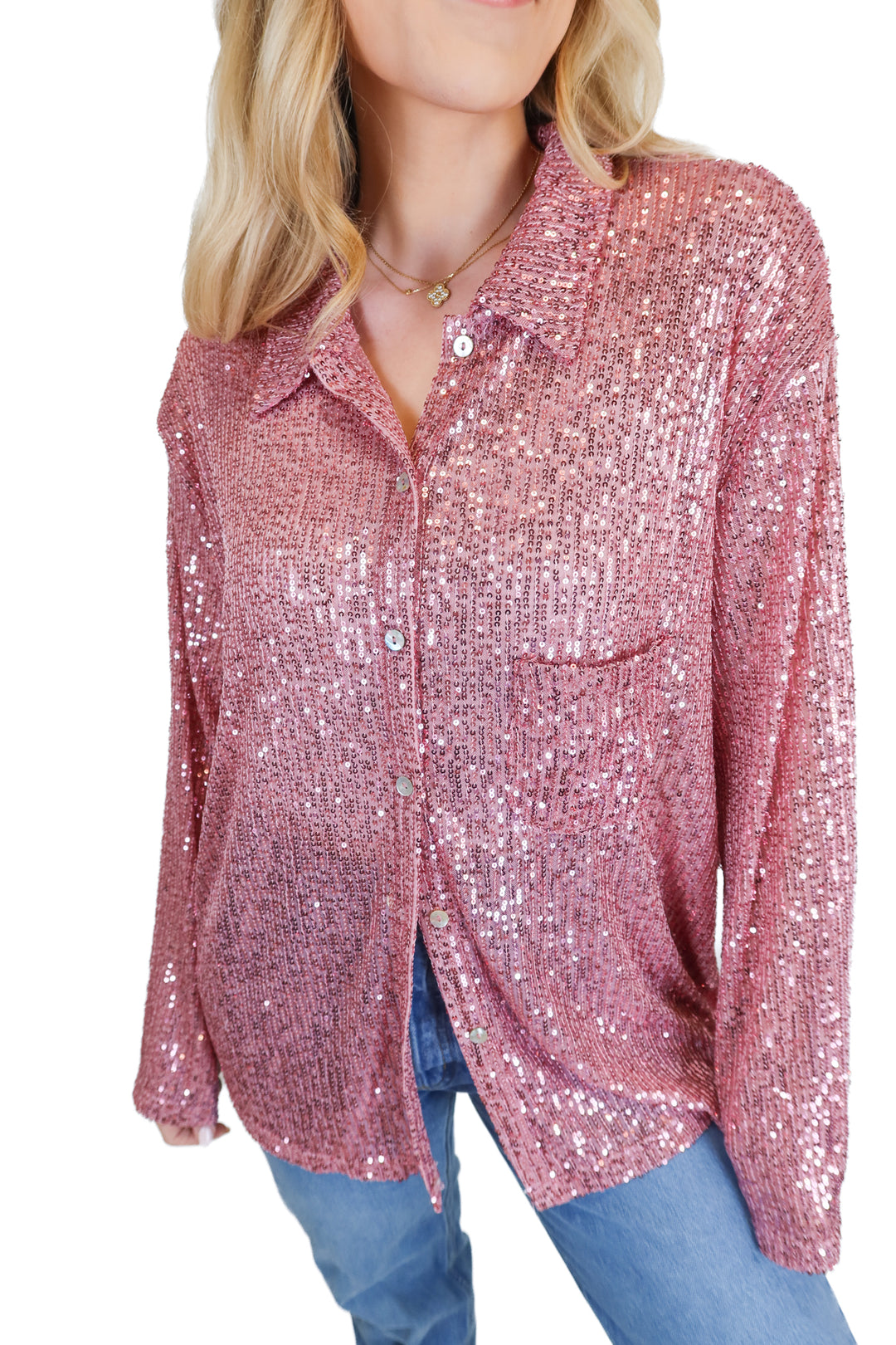 amazing lace pink sequins button up (s)