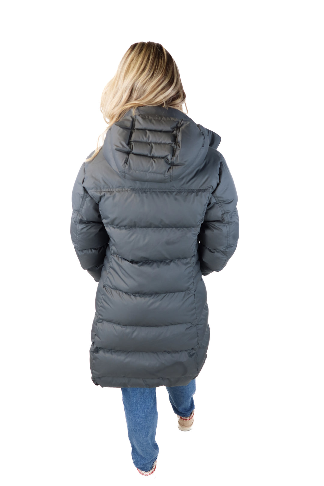 patagonia grey long puffer jacket (m; retail $349)