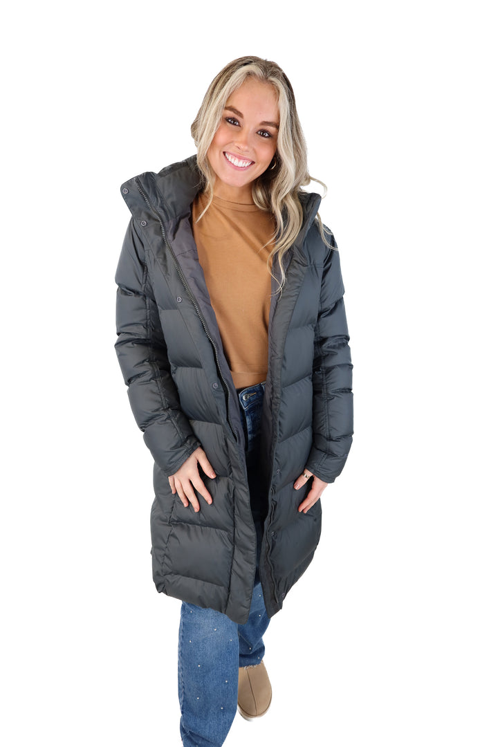 patagonia grey long puffer jacket (m; retail $349)