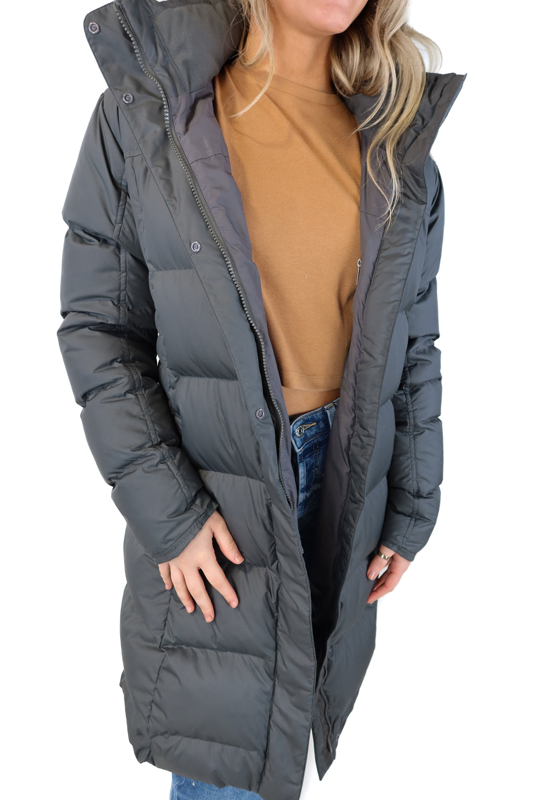 patagonia grey long puffer jacket (m; retail $349)