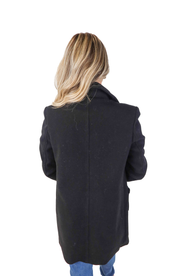deluc black wool long coat (xs; retail $199)