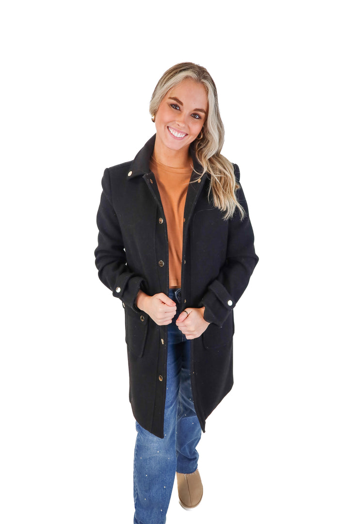 deluc black wool long coat (xs; retail $199)