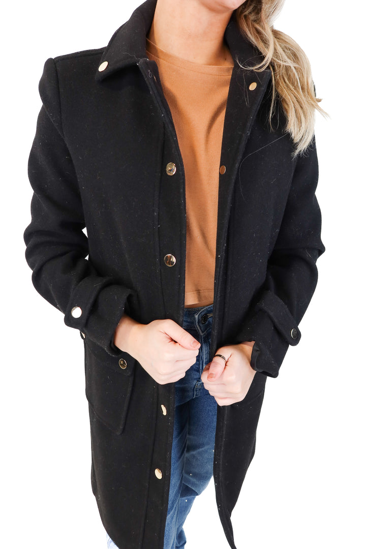 deluc black wool long coat (xs; retail $199)