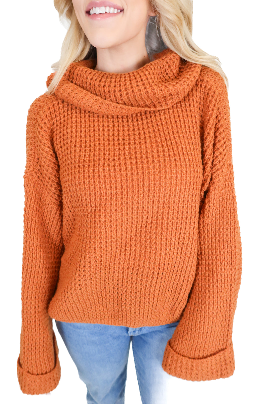 rust crochet turtleneck sweater (s)*