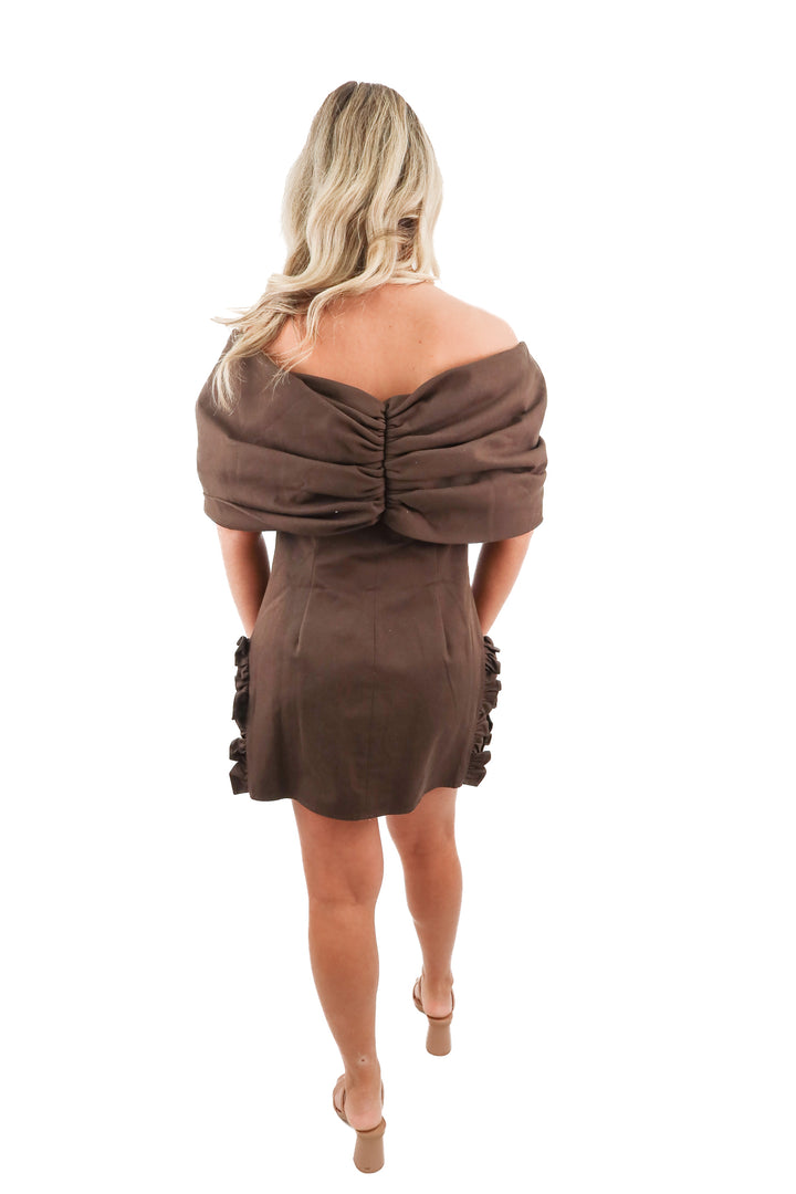 Vesqui brown off the shoulder ruffled dress NWT (M; retail $61)