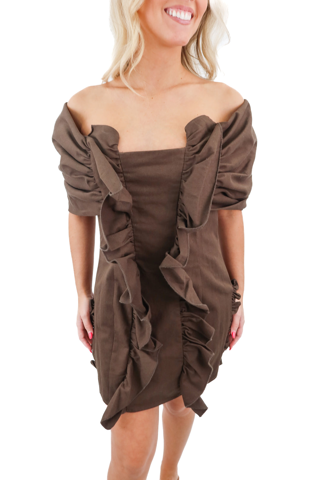 Vesqui brown off the shoulder ruffled dress NWT (M; retail $61)