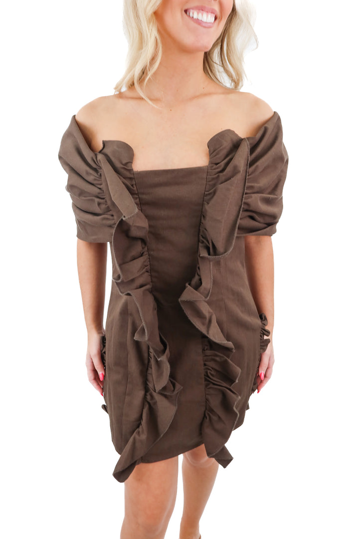 Vesqui brown off the shoulder ruffled dress NWT (M; retail $61)