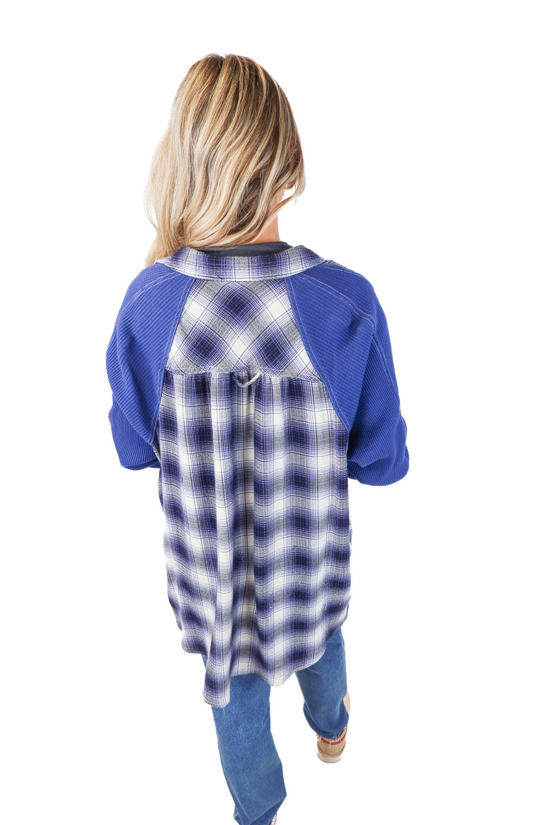 BDG Royal blue plaid varsity button down top (L)