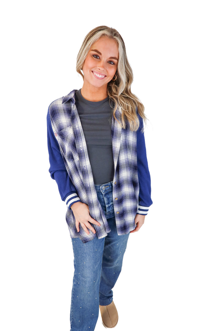 BDG Royal blue plaid varsity button down top (L)