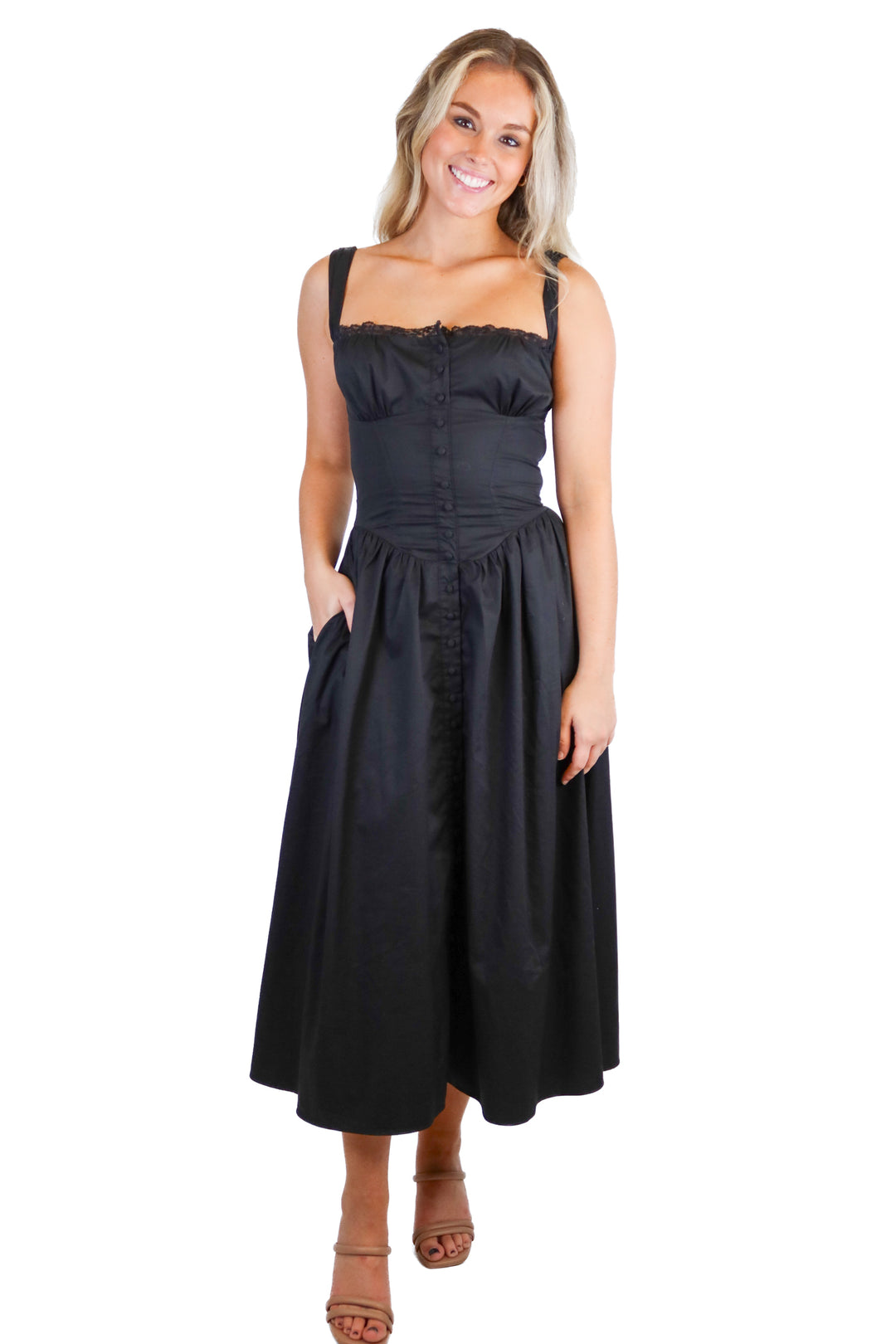 House of CB black button down midi dress (XS; retail $255)