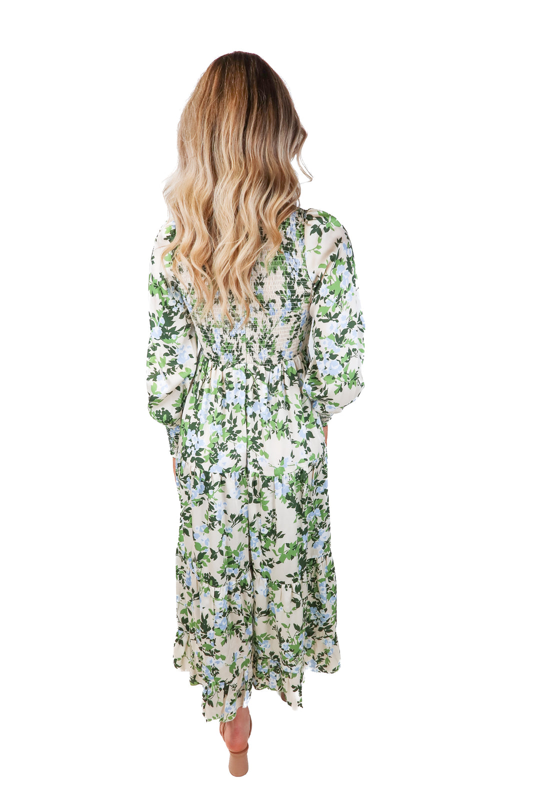 tuckernuck tan/green floral smocked dress (xs)