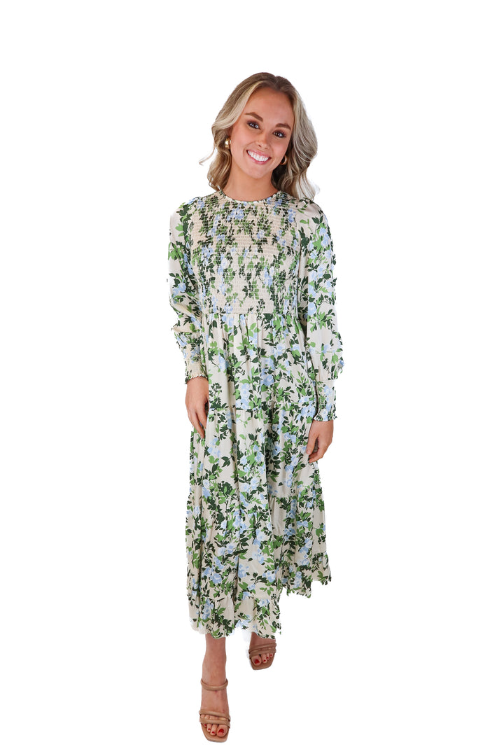 tuckernuck tan/green floral smocked dress (xs)