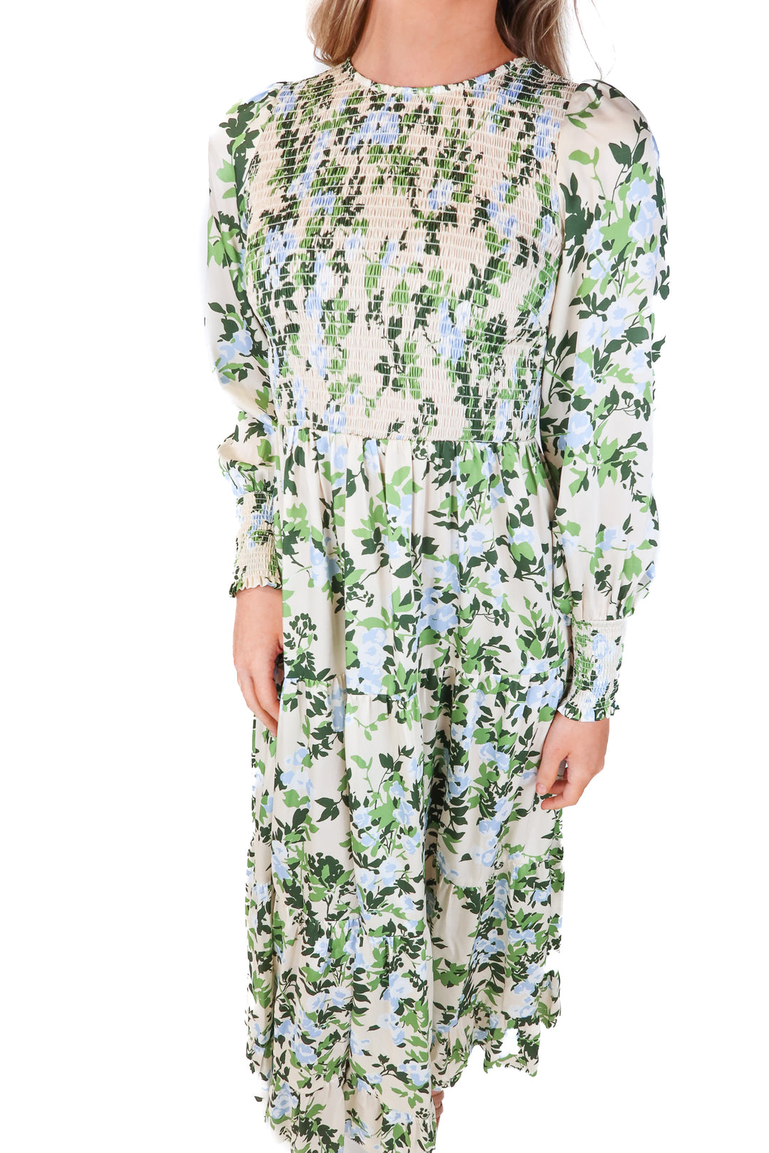 tuckernuck tan/green floral smocked dress (xs)