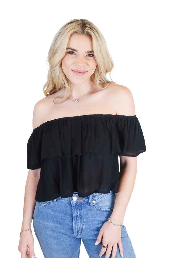 alya black ruffle off the shoulder blouse (s)