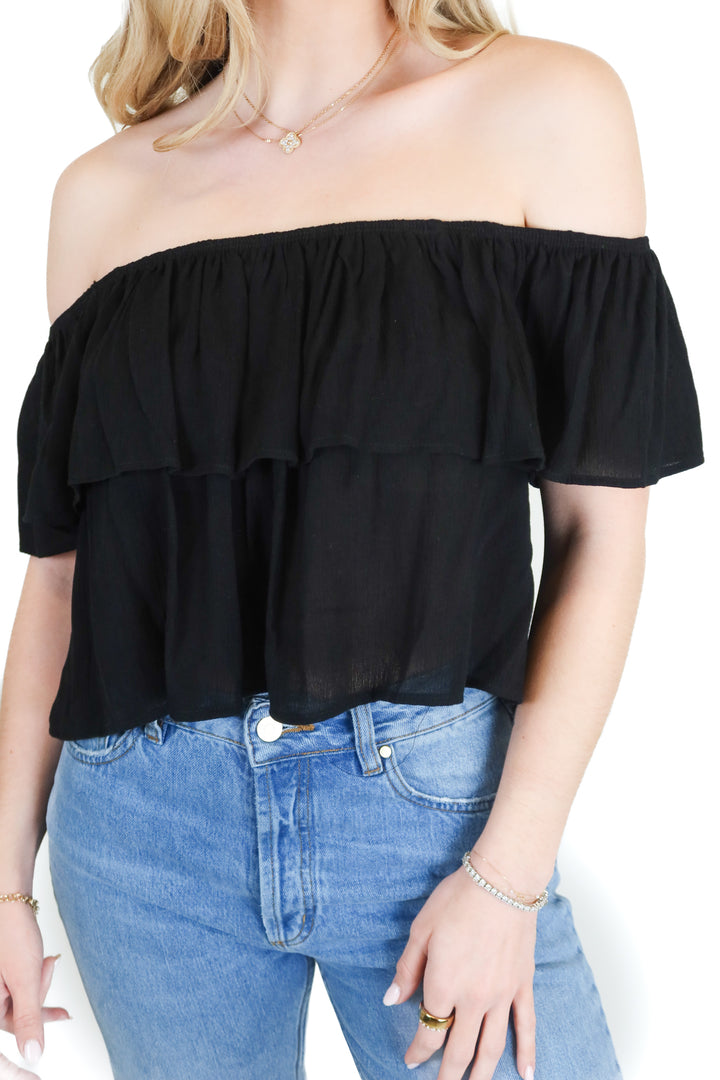 alya black ruffle off the shoulder blouse (s)