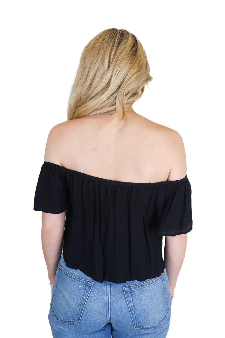 alya black ruffle off the shoulder blouse (s)
